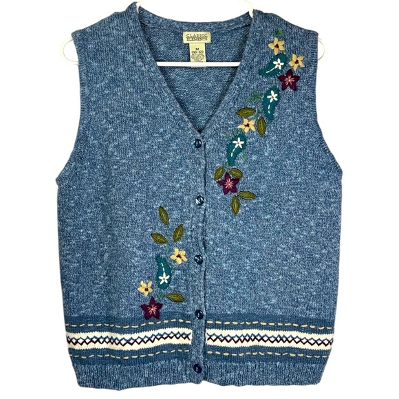 Classic Elements Autumn themed button down knit vest Sz M Blue - Picture 1 of 11